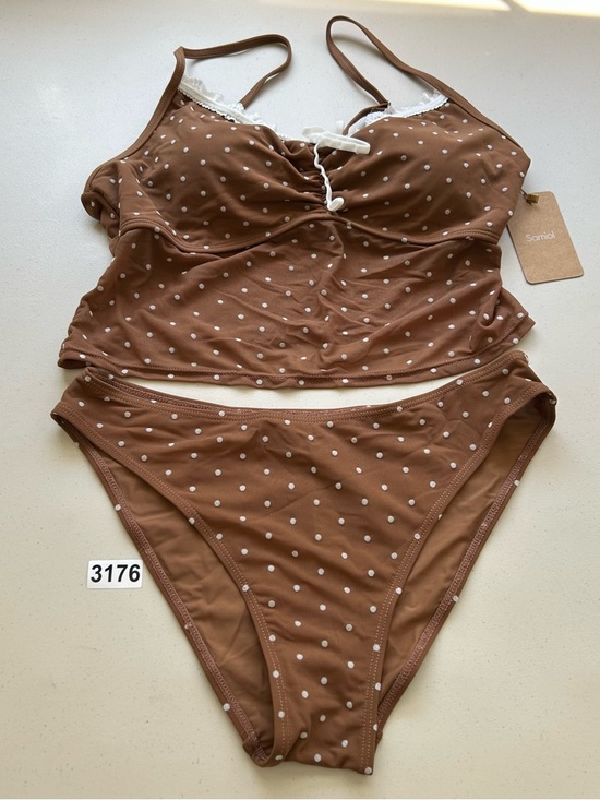 Samiol Other - Samiol Tankini Bikini Set XL Coffee Contrast Polka Dot Mesh Swimwear